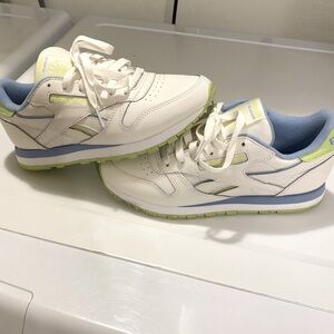 Reebok Cream  and Light Blue  and green sneakers